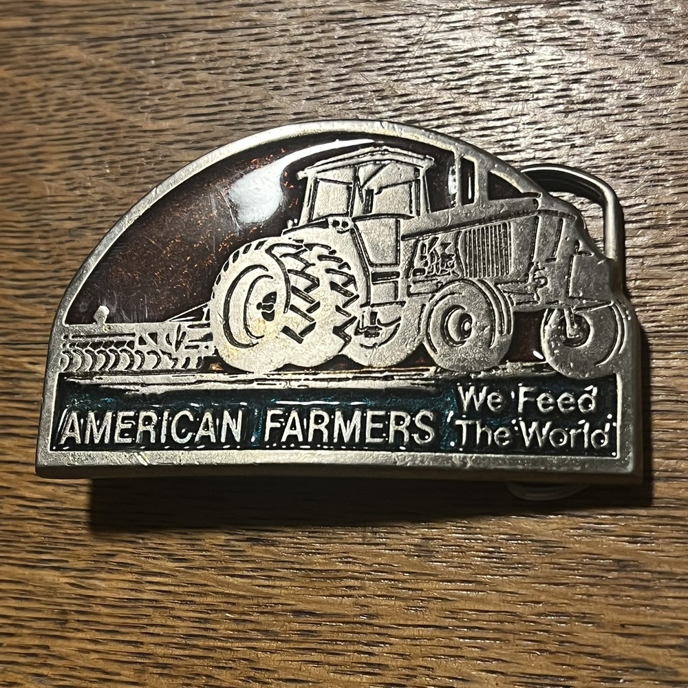 VTG American Farmers We Feed The World Tractor Disc Harrow Belt Buckle Case 2166